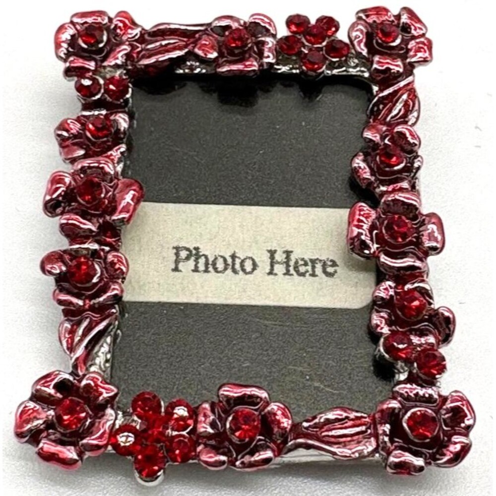 Red Rhinestone Photo Frame Brooch Pin Silver Tone Floral Enamel Holds Tiny Photo